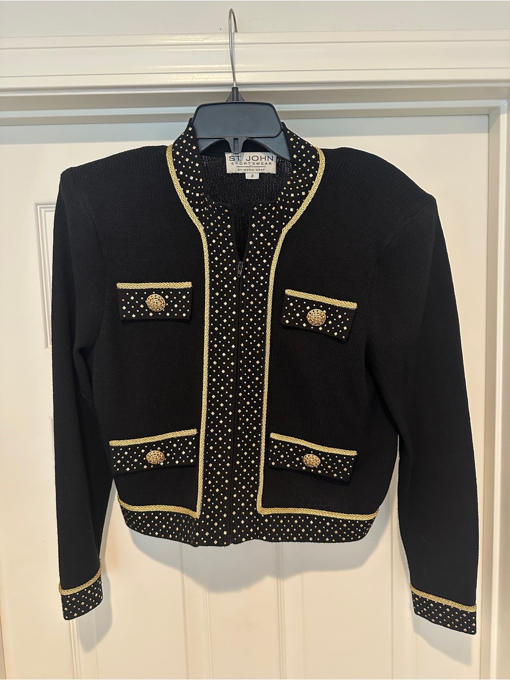 St. John Black Knit Cropped Jacket with Gold Trim and Button Accents